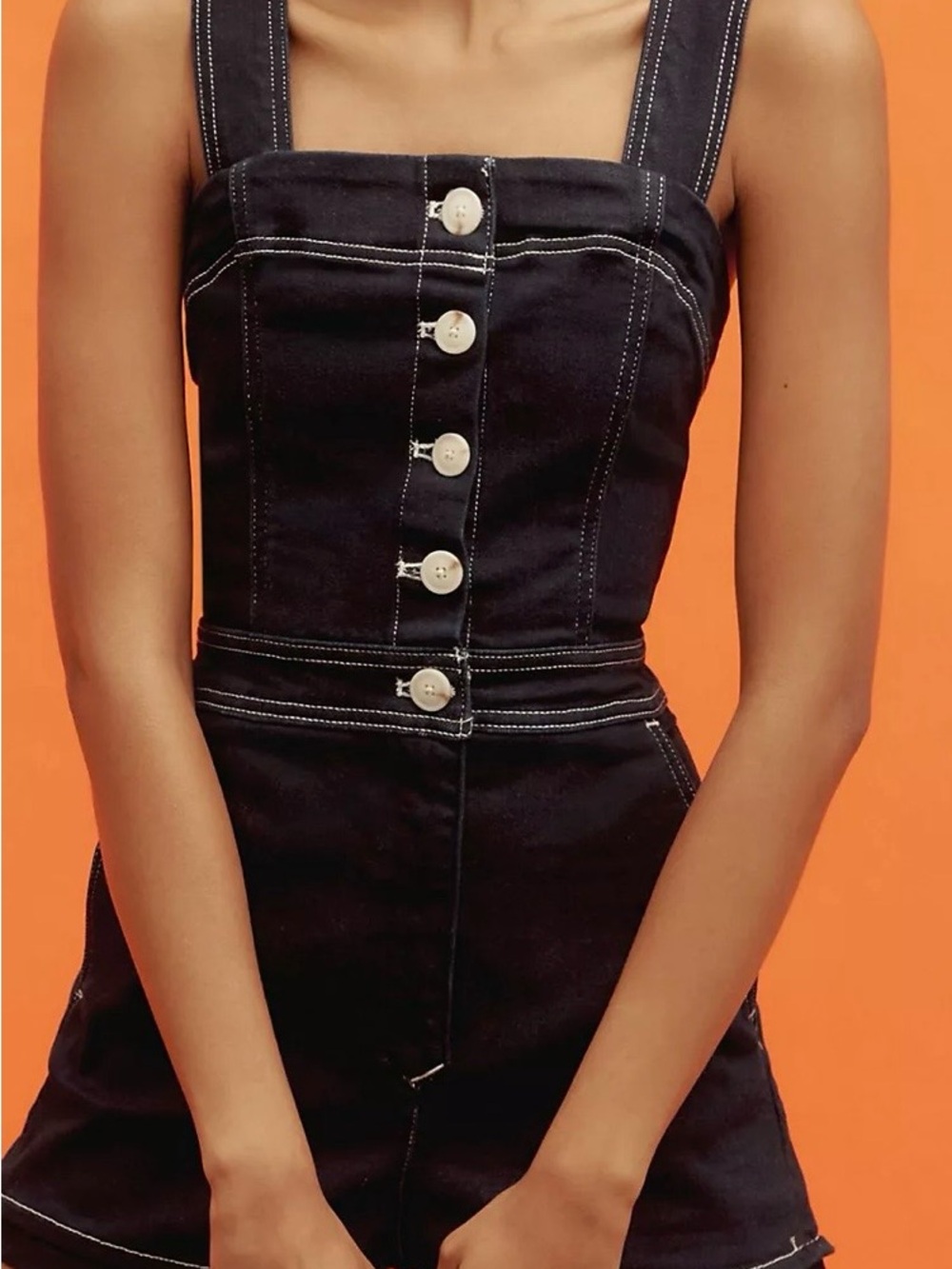 Anthropologie Maeve Black Denim Button Romper with Contrast Stitching